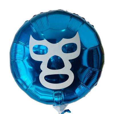 Blue circular Luchador balloon. White accent color on mask. 