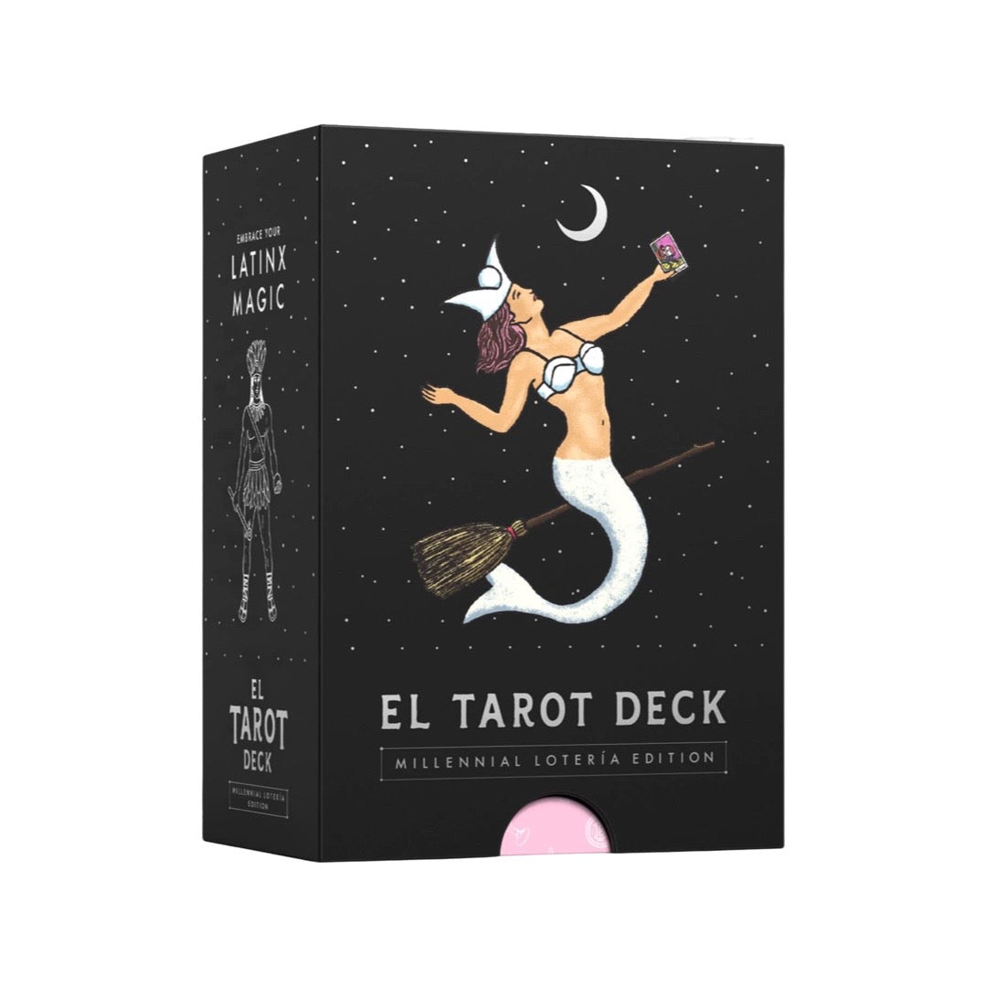 Black card box with a photo of a mermaid sitting on a broomstick holding a tarot card in front of a night sky with a title of "El Tarot Deck: Millennial Loteria Edition".