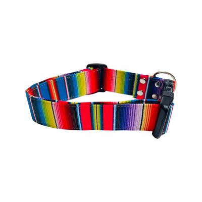 Side view of multicolored serape dog collar.