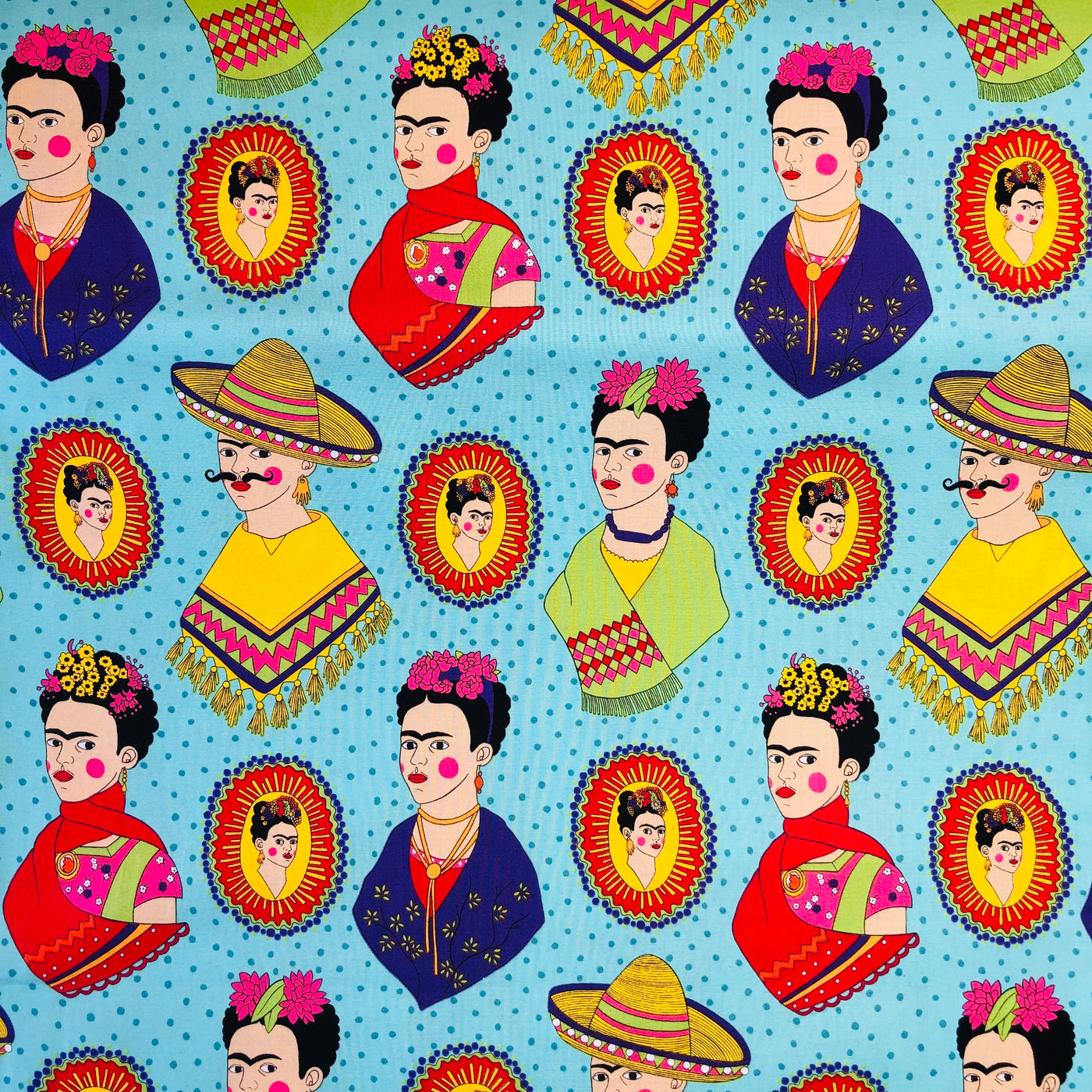 Alexander Henry Fabrics in Fantastico Frida pattern. This pattern has multiple Frida's  dressed up in different costumes against a teal background