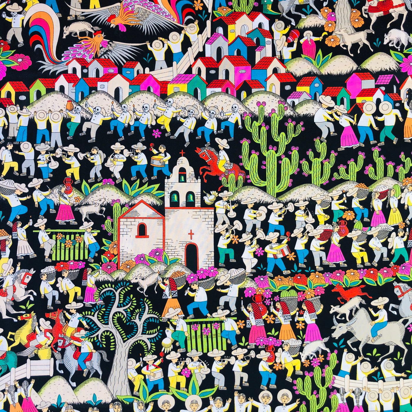 Alexander Henry Fabrics in Puebla (black/bright multicolored) pattern. This pattern has a village scene with trees and the everyday life of the people who live there