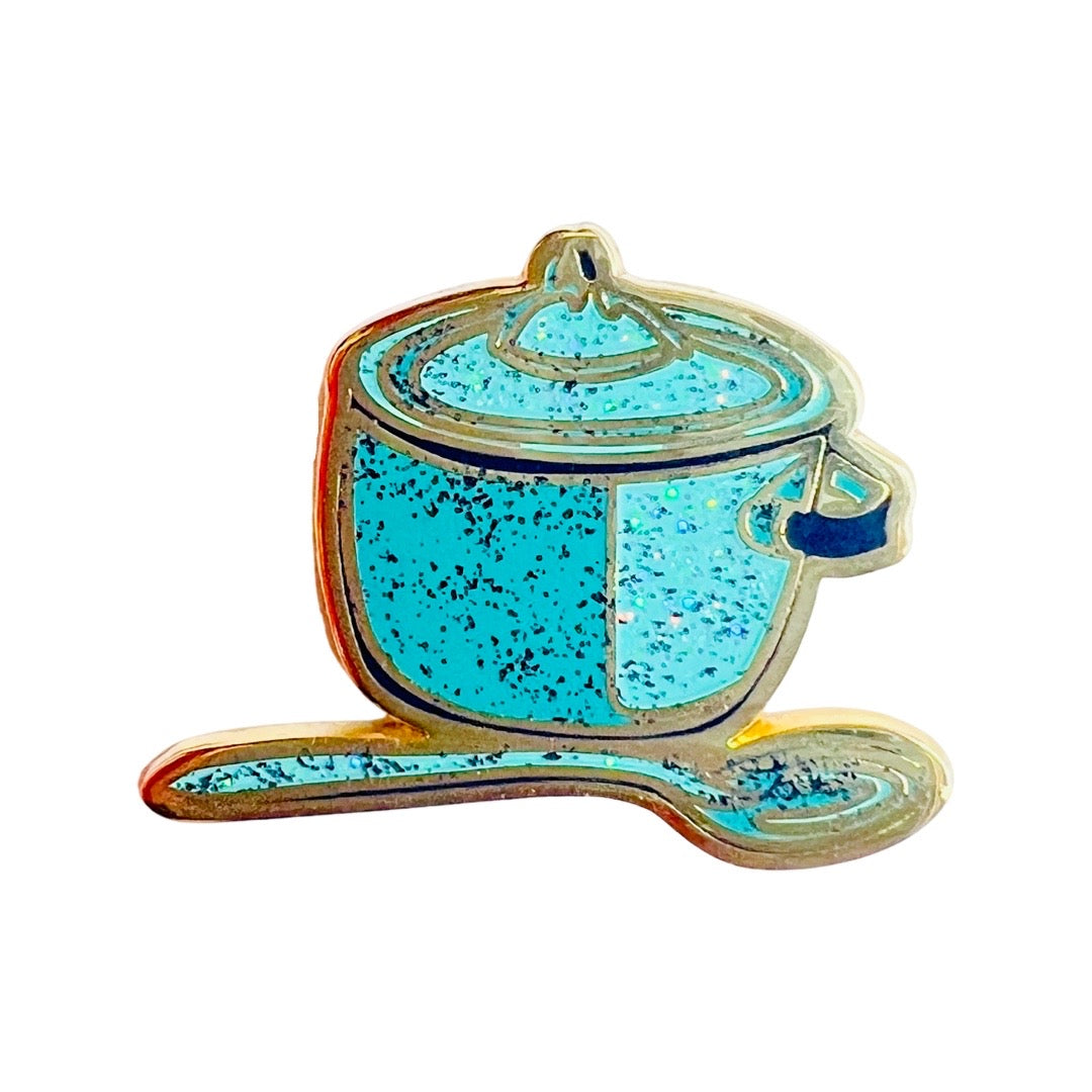 Pewter pot with matching spoon enamel pin.