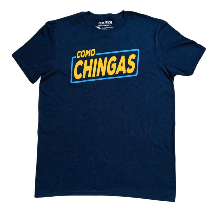 Men's blue, "Como Chingas" phrase t-shirt with yellow detail.