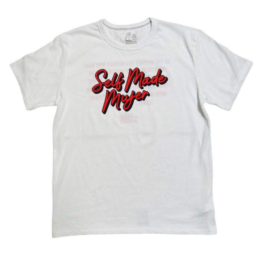White, "Self Made Mujer" phrase t-shirt with red detail. 