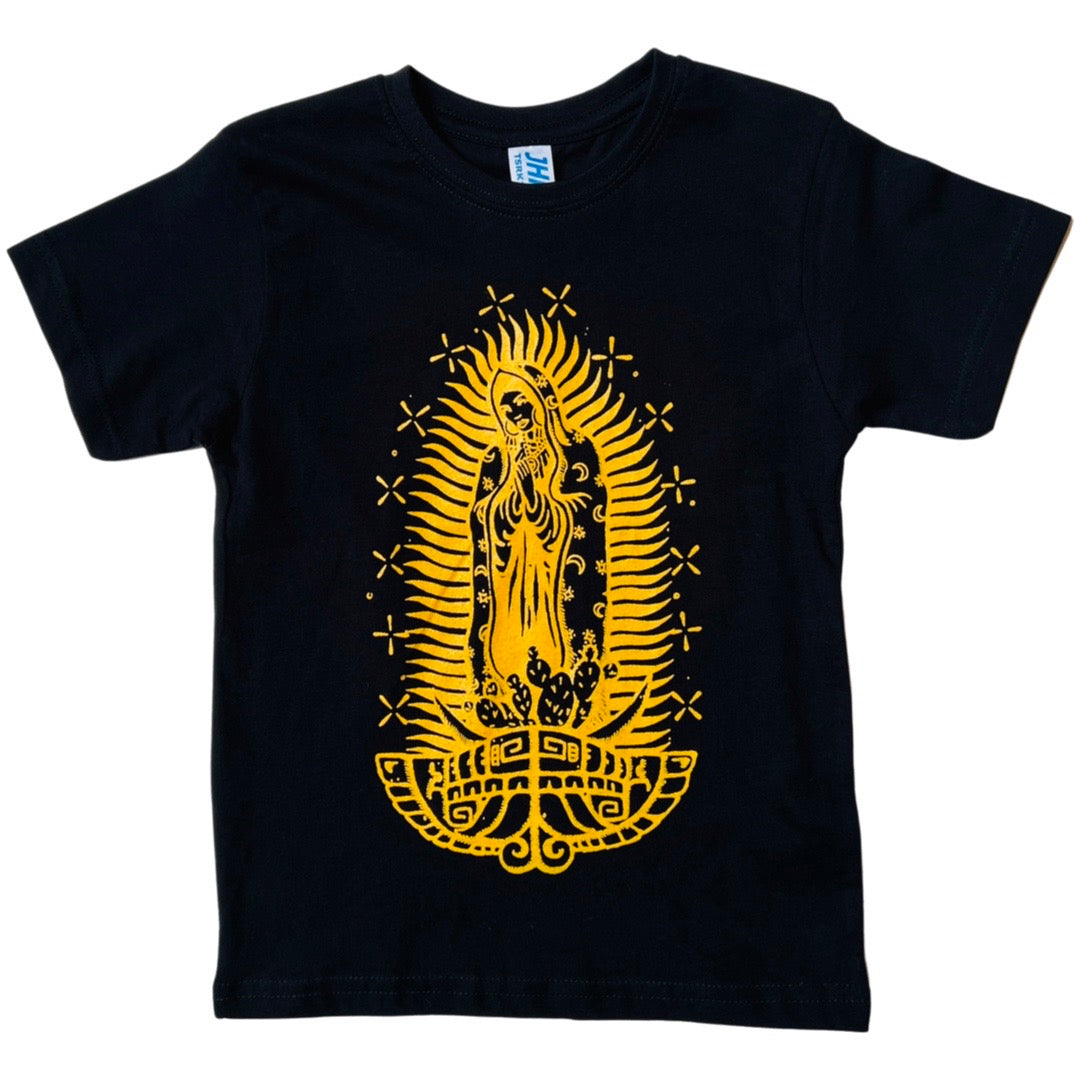 Black Virgencita kid's shirt with yellow accent color.