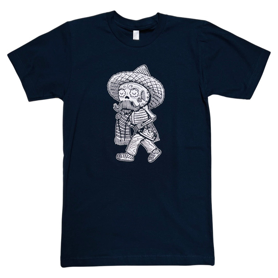 Men's Borracho Calavera t-shirt in navy blue with white accents. Design features skeleton with sombrero, serape, and a bottle of tequila.