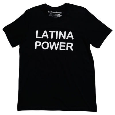 Black, "Latina Power" phrase t-shirt with white detail.