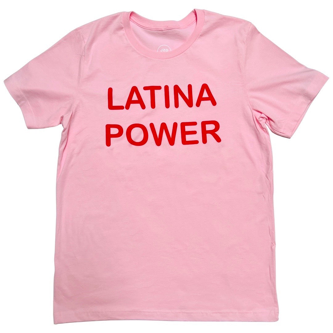 Pink, "Latina Power" phrase t-shirt with red detail.