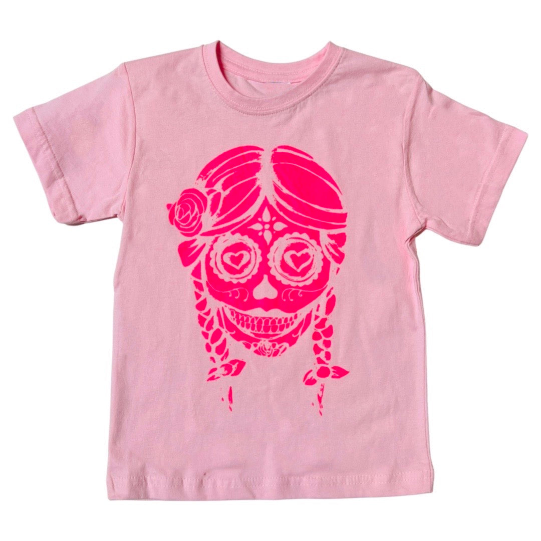 Pink Sugar Skull with braids kid's shirt. 
