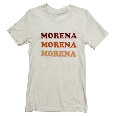Light tan, "Morena" t-shirt featuring three different shades of brown with pink outline on phrase.