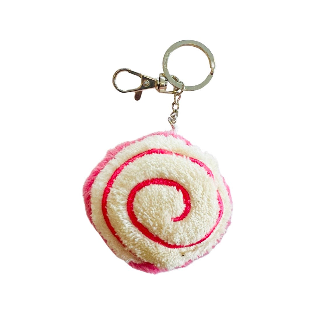 Jelly roll (pan dulce) plush keychain with silver circular keyring. Colors featured: pink & white.