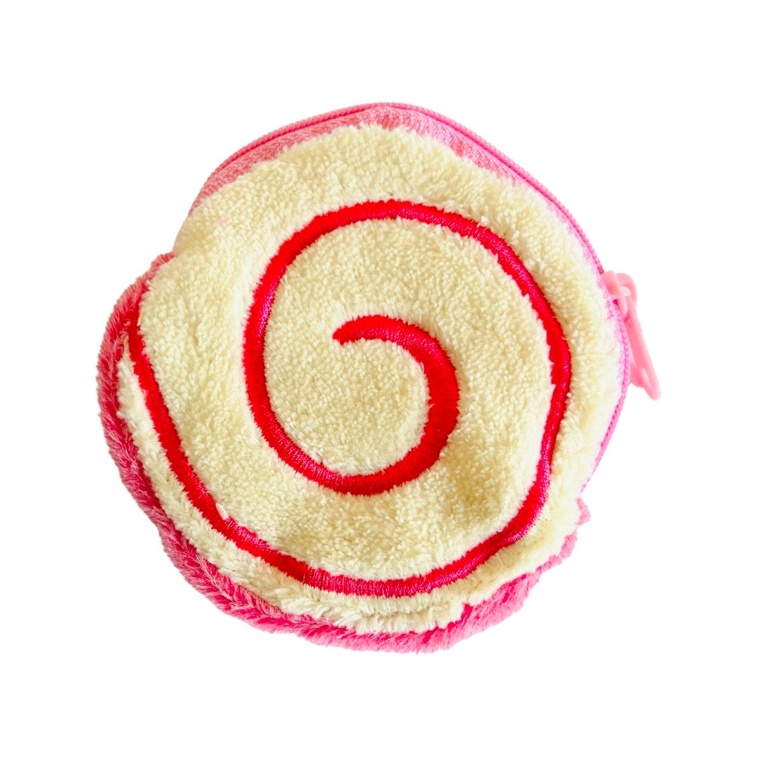 Jelly roll (pan dulce) plush zip pouch in pink and white.