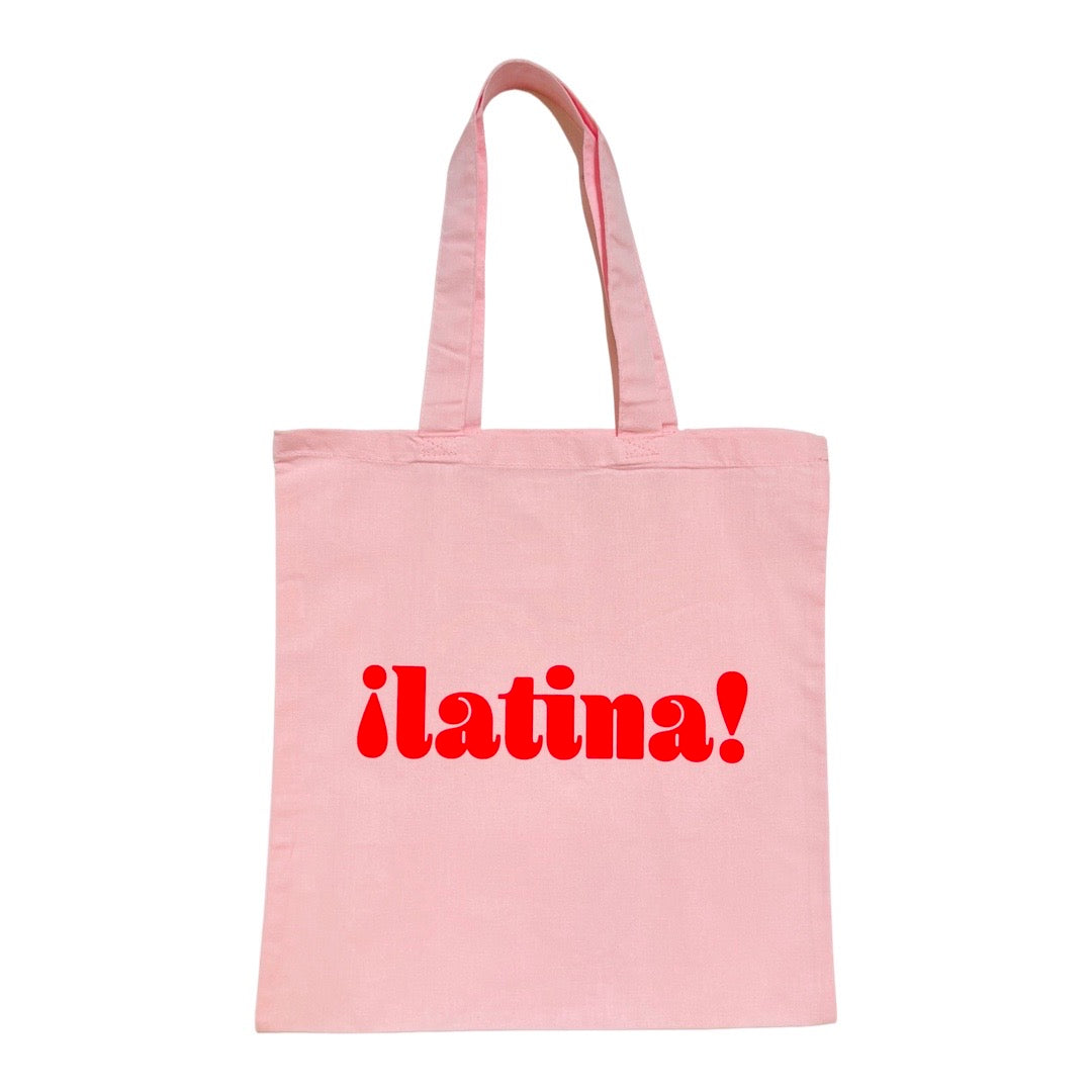 Pink Latina! phrase tote bag with red lettering.