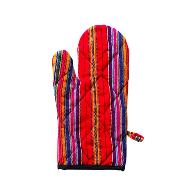 Colorful red cotton oven mitt. Design features multicolored stripes. 