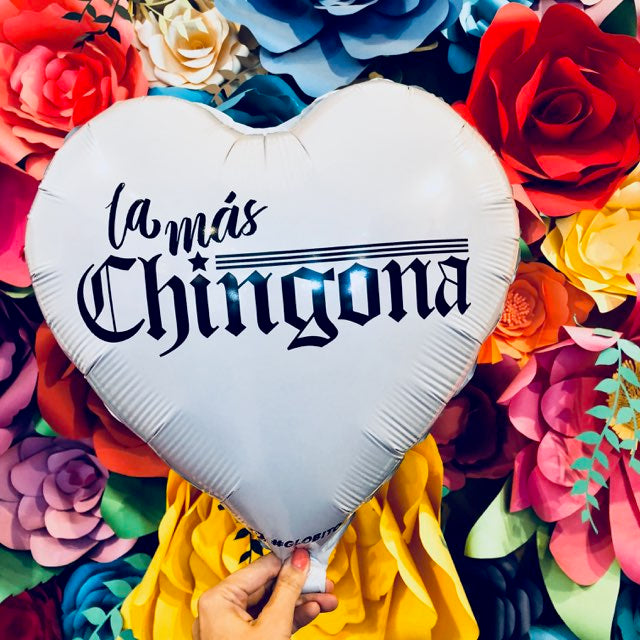 White Heart Shaped Mylar Balloon with a La Más Chingona graphic 