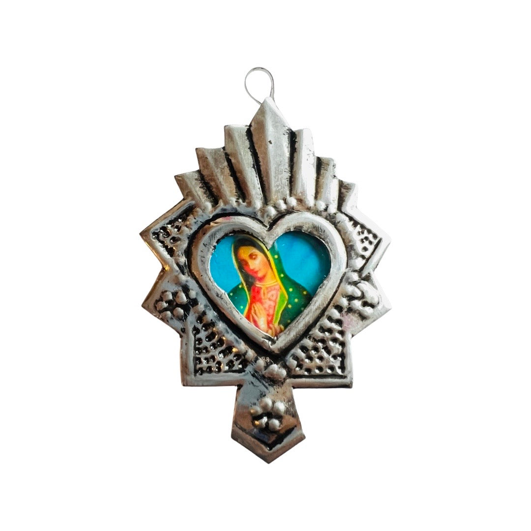 Geometric style tin Sacred heart frame with the Virgen de Guadalupe in the center.