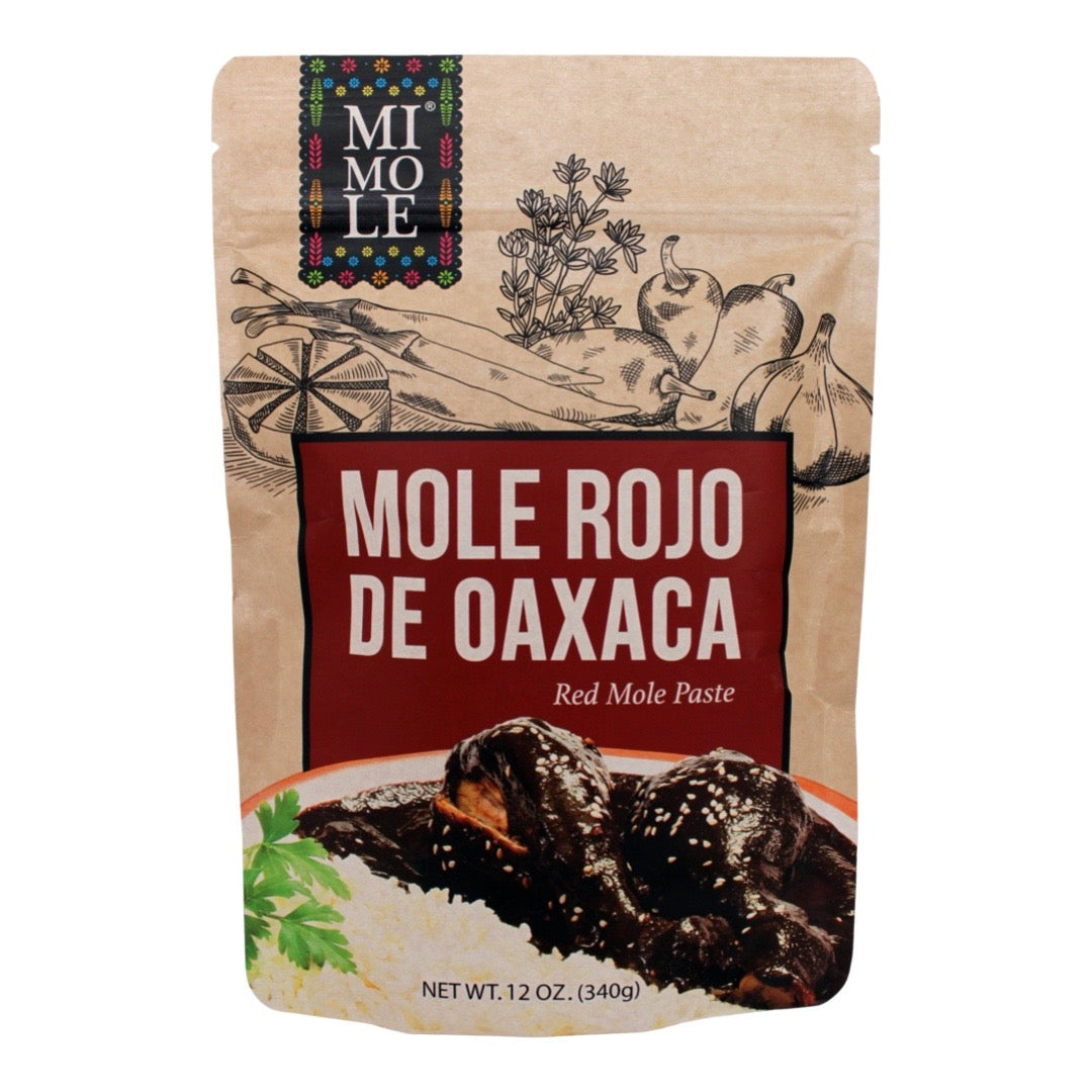 Front view of MiMole - Mole Rojo de Oaxaca with branded plastic pouch with a Ziploc style closure.
