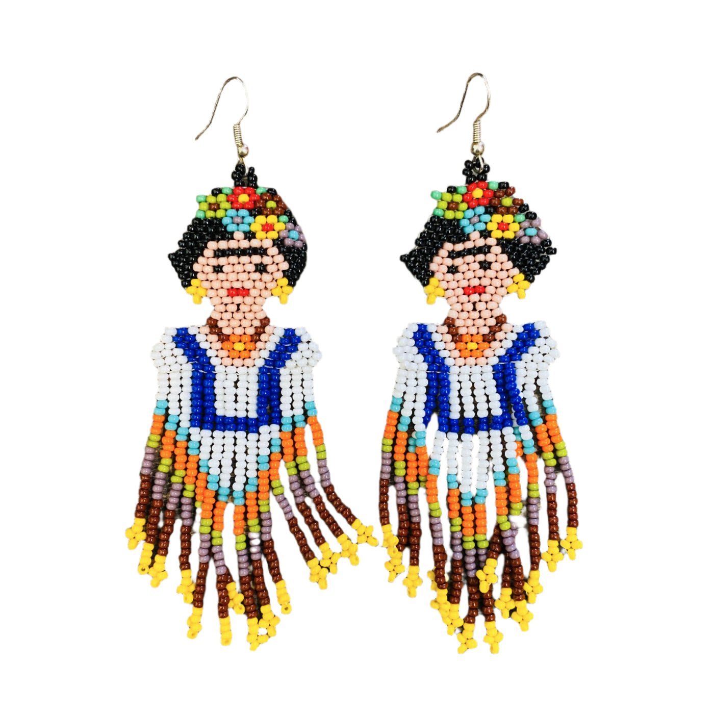 set of multi-color seed bead Frida Kahlo earrings