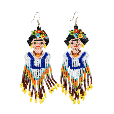 set of multi-color seed bead Frida Kahlo earrings