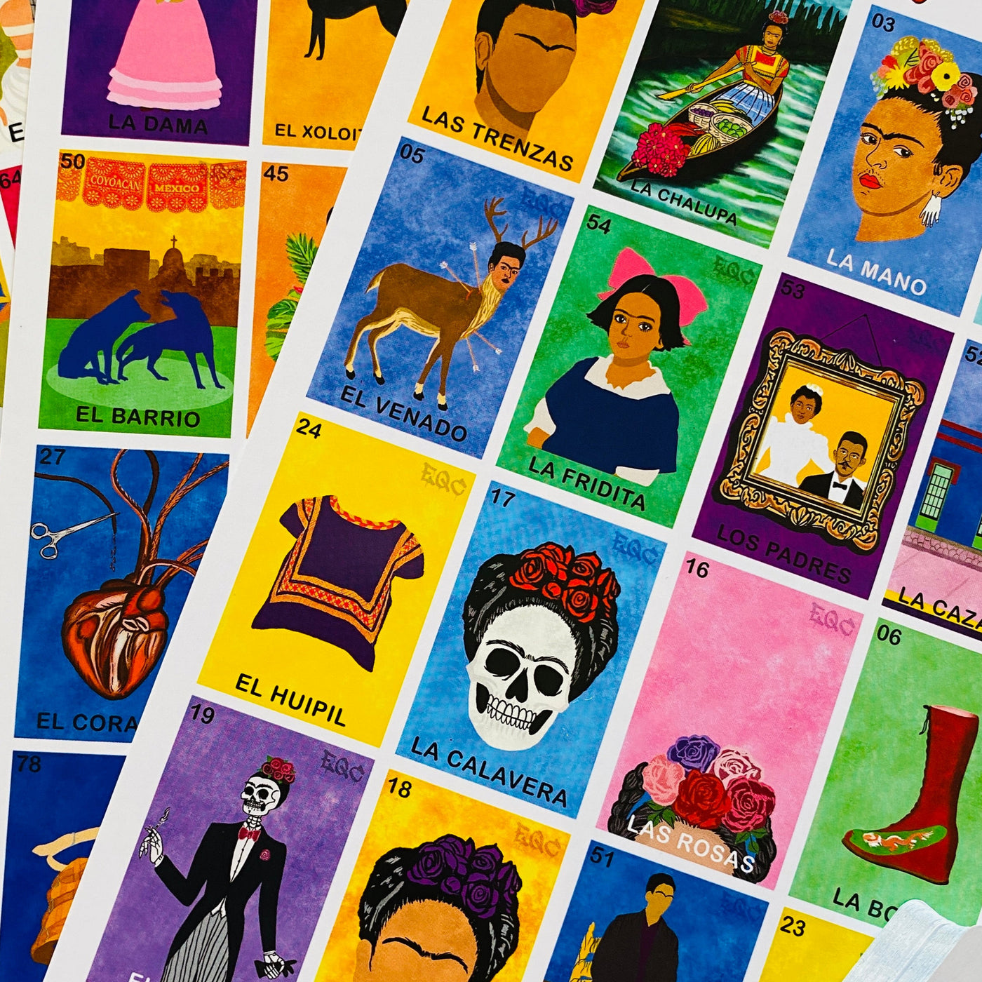 Close up Frida Loteria board. Board is colorful and features different Frida related bingo squares.