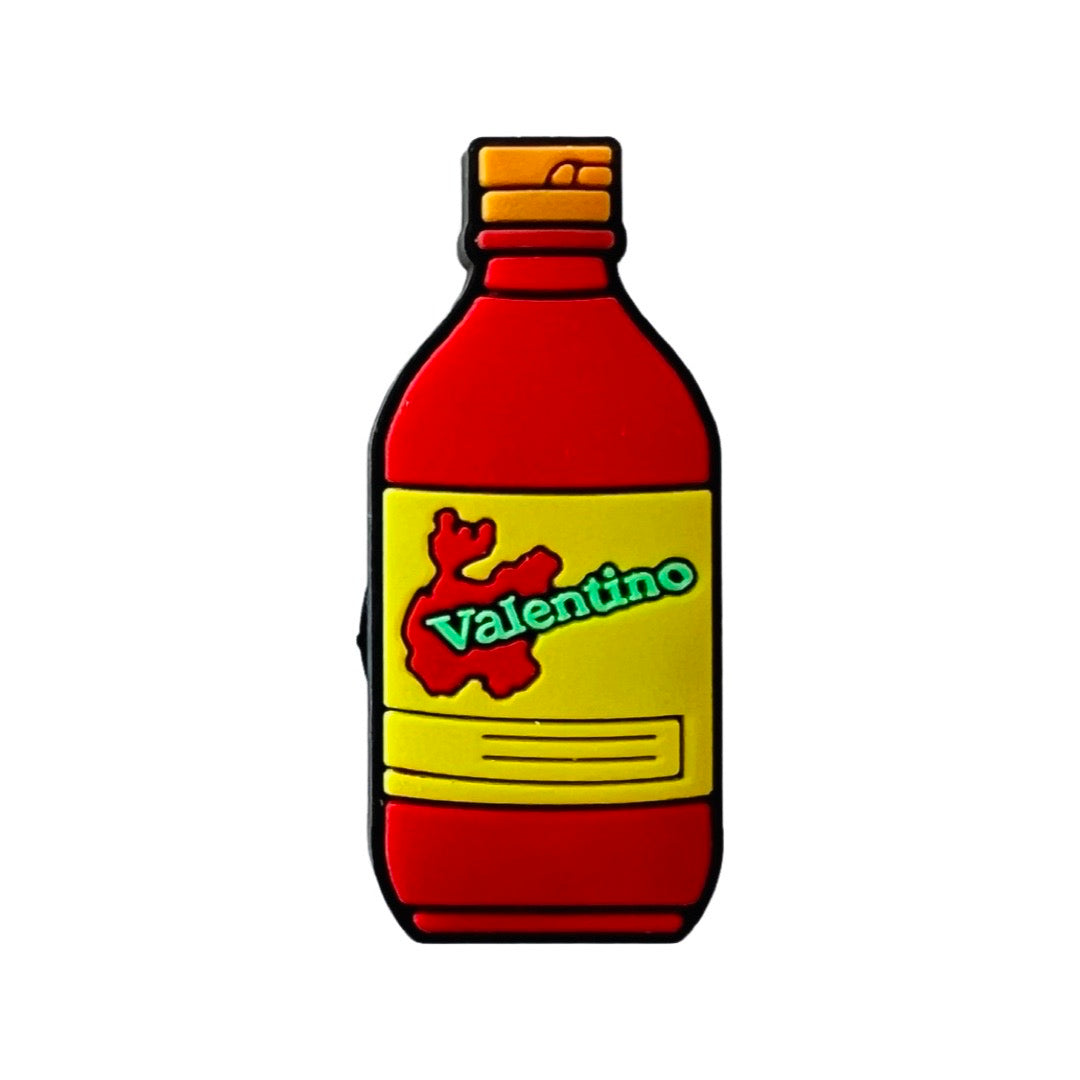 A single red bottle of hot sauce with the name Valentio in green over a yellow and red label..