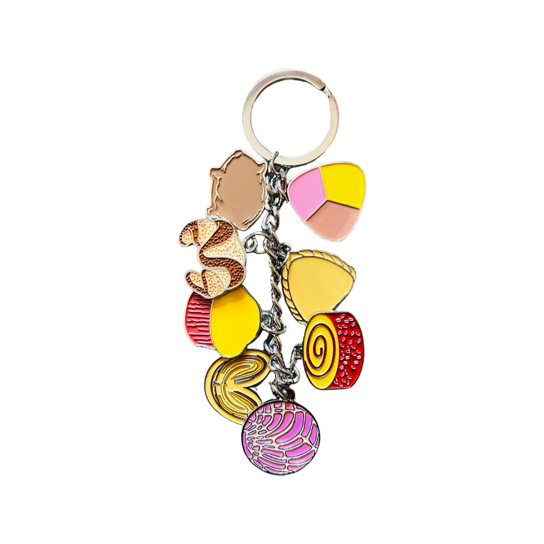 Keychain with various pan dulces in brown, yellow and pink colors.