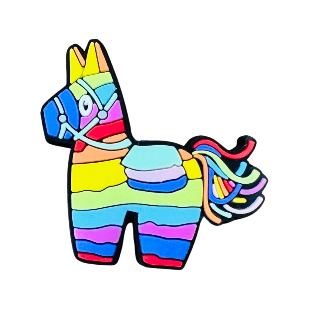 A side view of a colorful Mexican donkey pinata.