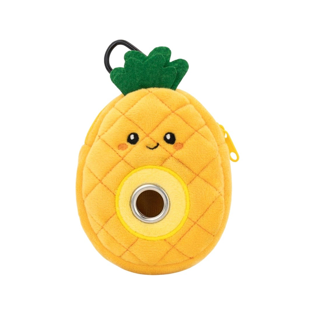 Pineapple shaped dog poop bag dispenser with a black clip and features a smiley face.