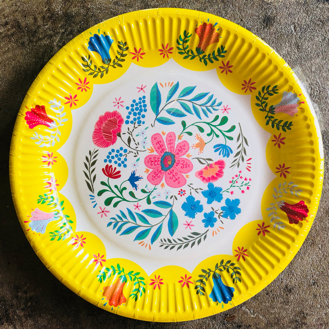 Top view of our floral paper plates. Plates have a yellow border. The design printed on the plates is an illustration of colorful flowers and foliage