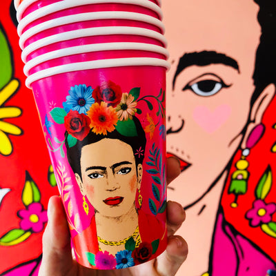 Stack of Pink floral Frida Kahlo paper cups