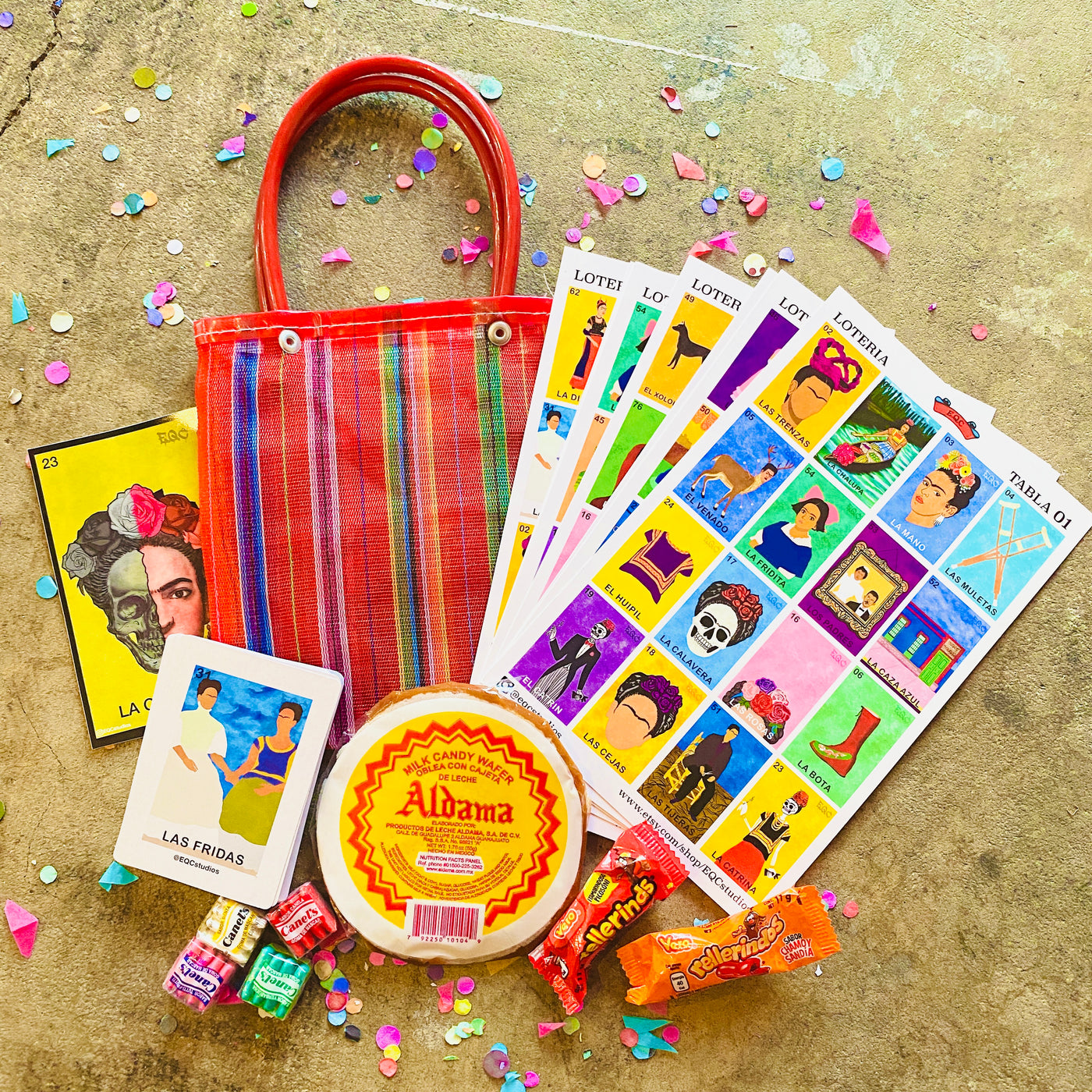 Top view of Frida Loteria pack. All items included are pictured outside the mercado bag.