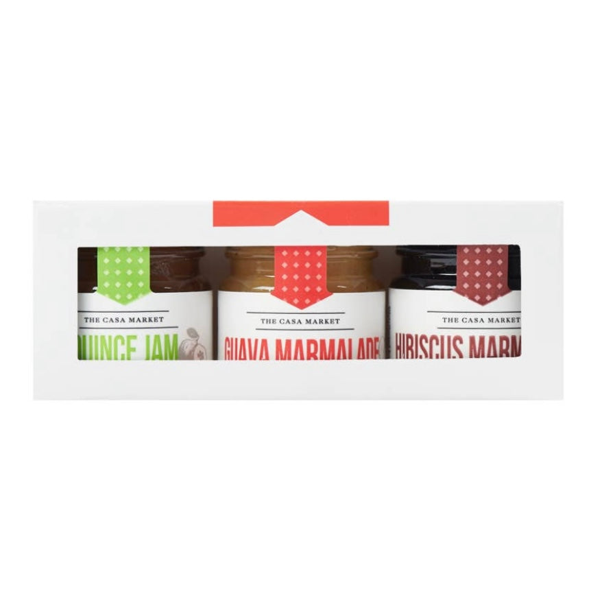 front view of Mini Marmalades Variety pack. Flavors include quince, guava, and hibiscus. 