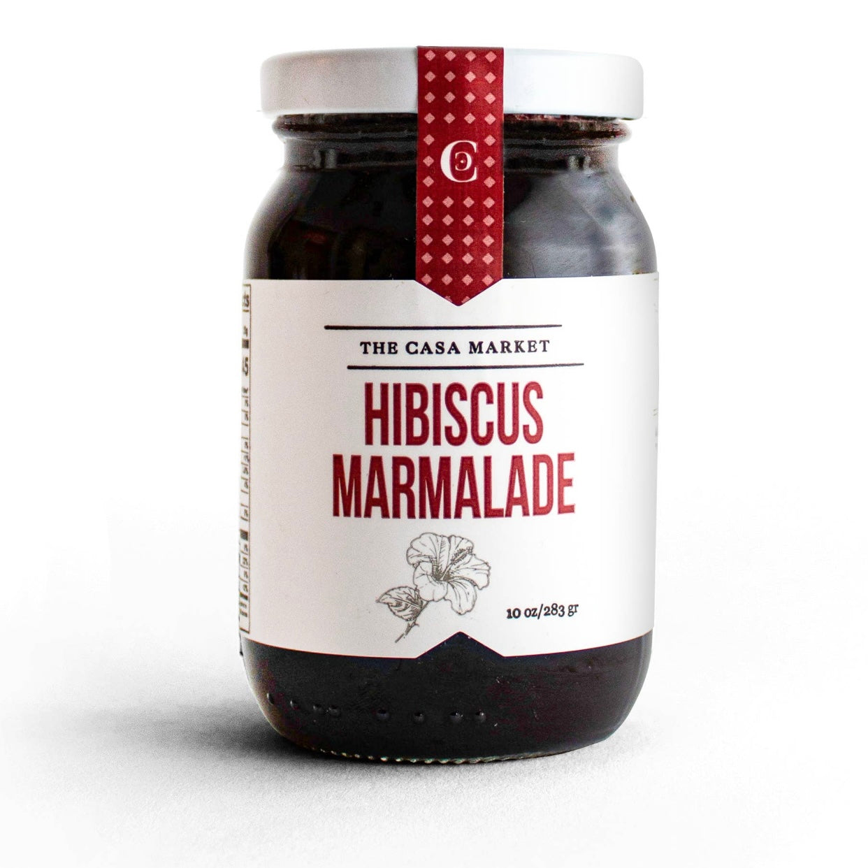 front view of Hibiscus Marmalade in branded glass jar with lid.