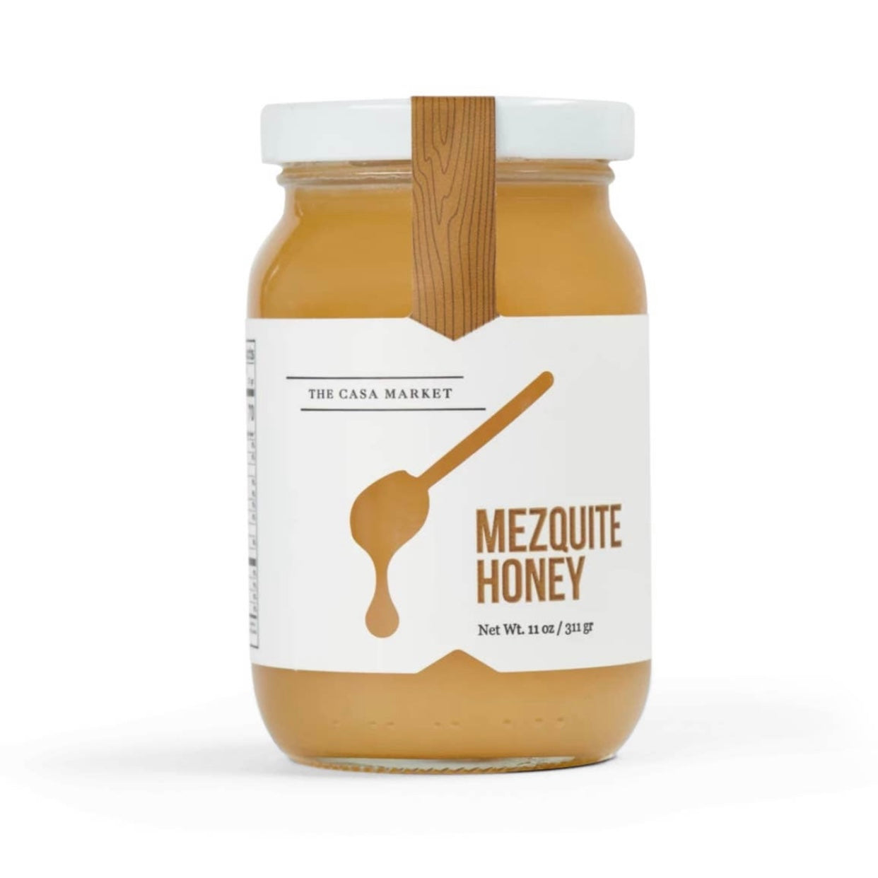 Mezquite Honey in branded glass jar with lid. 