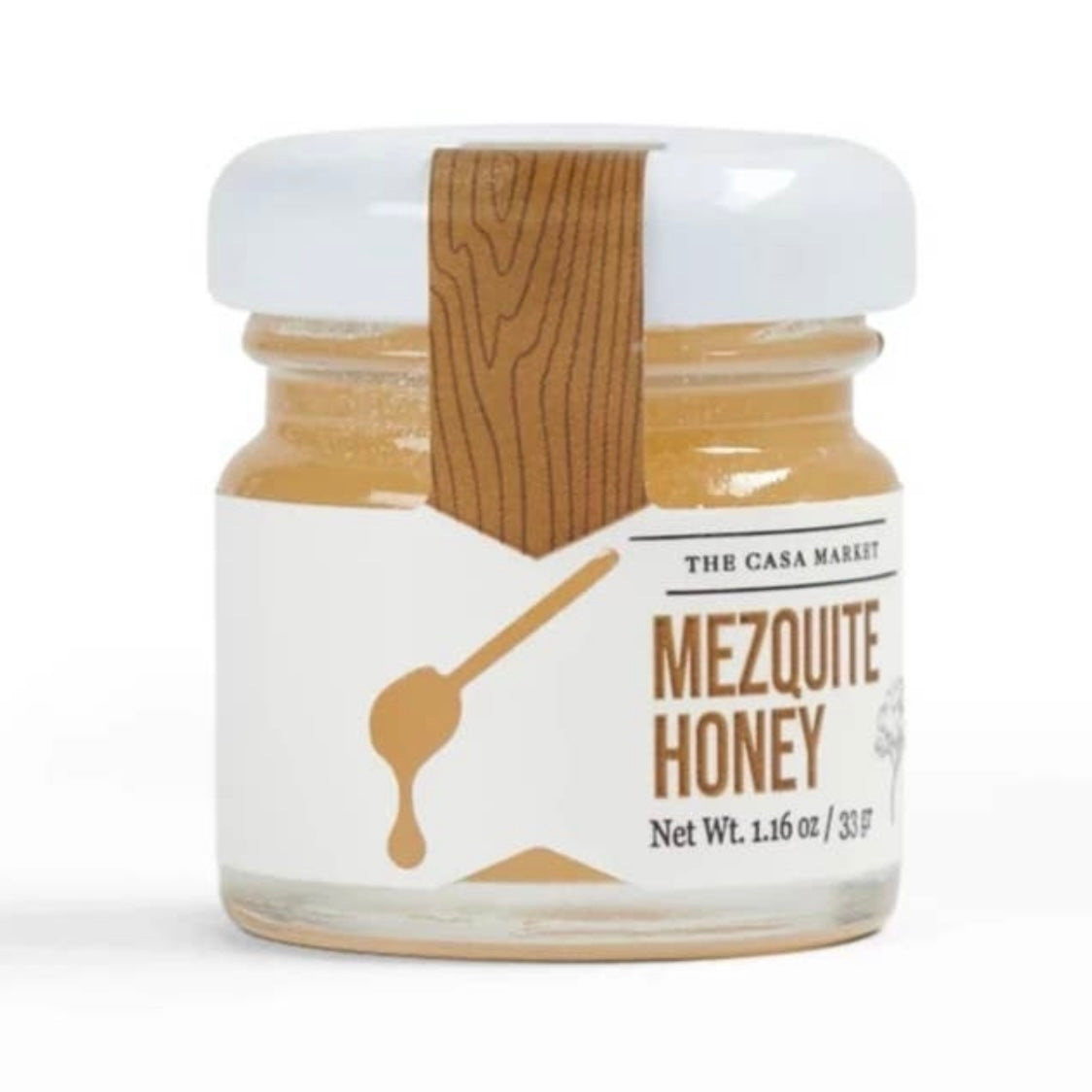 Mini mezquite honey in branded glass jar with lid. 