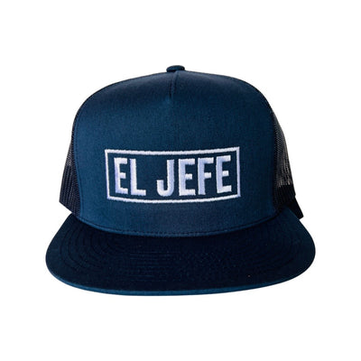 Blue trucker hat with the phrase El Jefe in white lettering