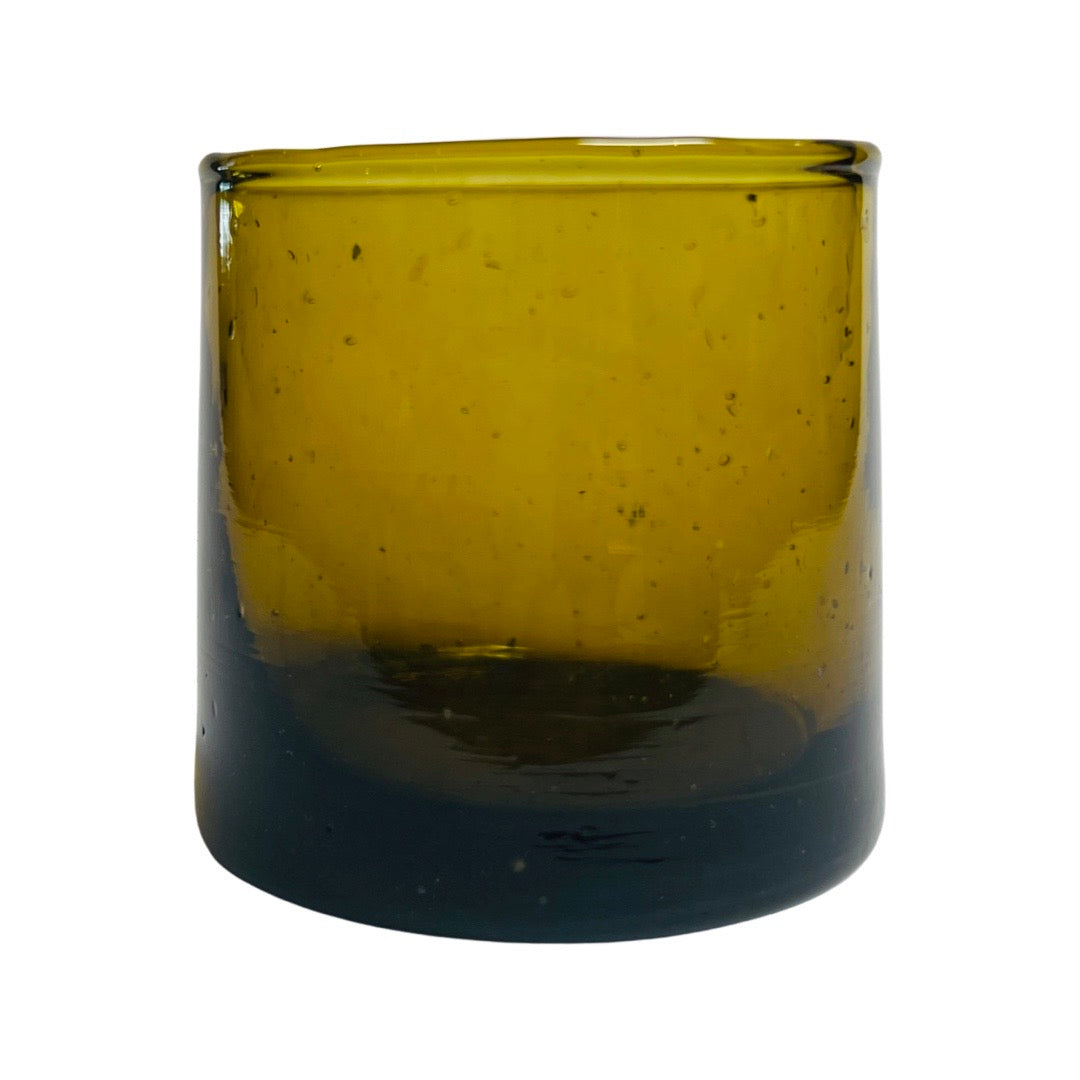 Small amber colored juice glass, handmade with recycled glass. 