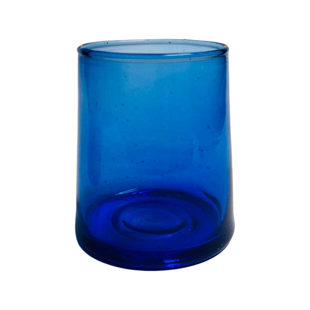 Medium blue glass tumbler made of recycled glass.  