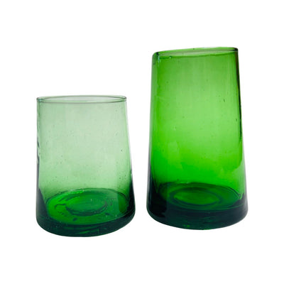 Green glass tumblers. Image features two tumblers to compare sizes and variability of glass design.