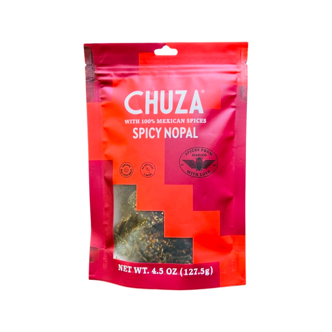 Front view of Chuza - Spicy Nopal (Cactus)  in branded plastic pouch with a Ziploc style closure.