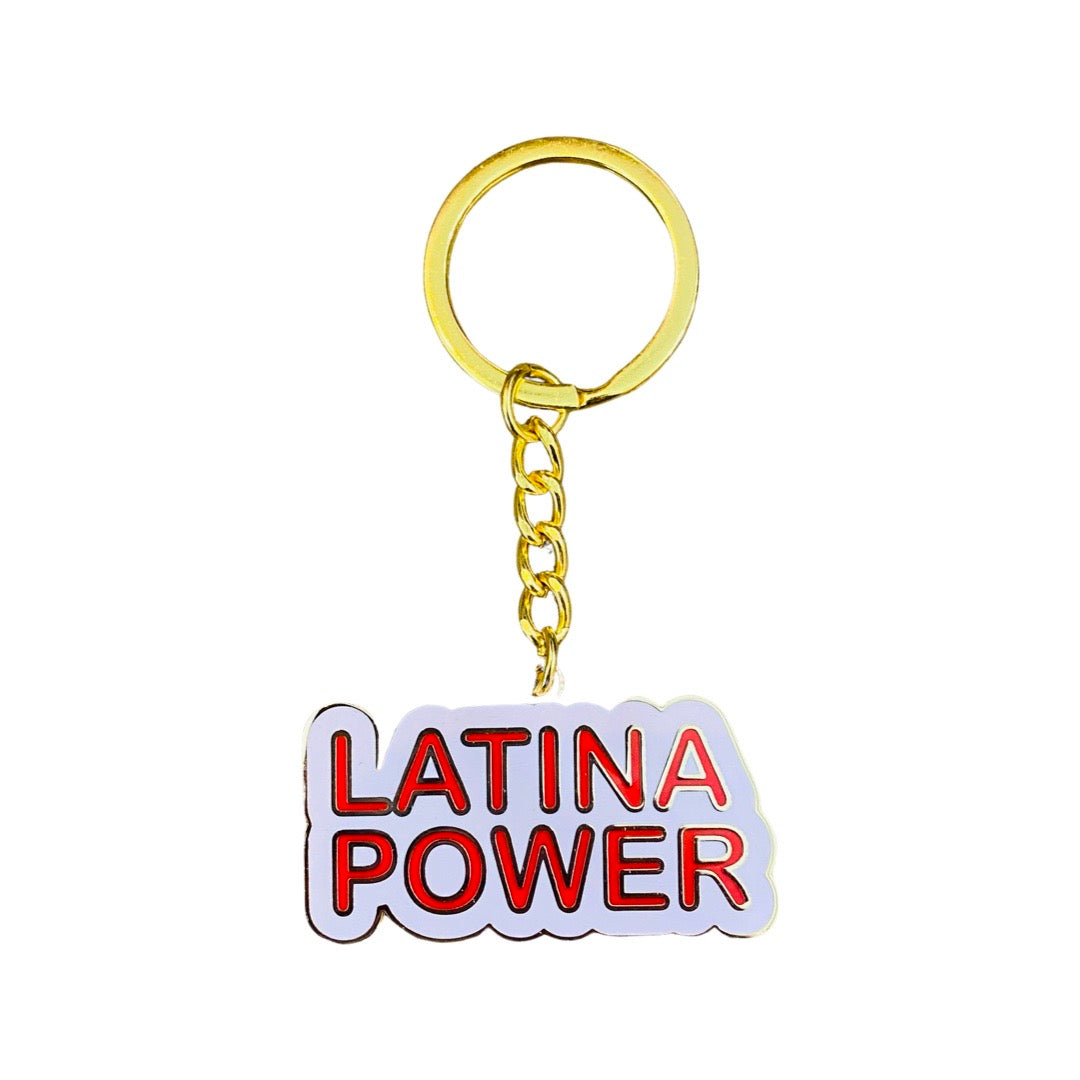 Latina Power phrase key chain with gold metal key ring. 
