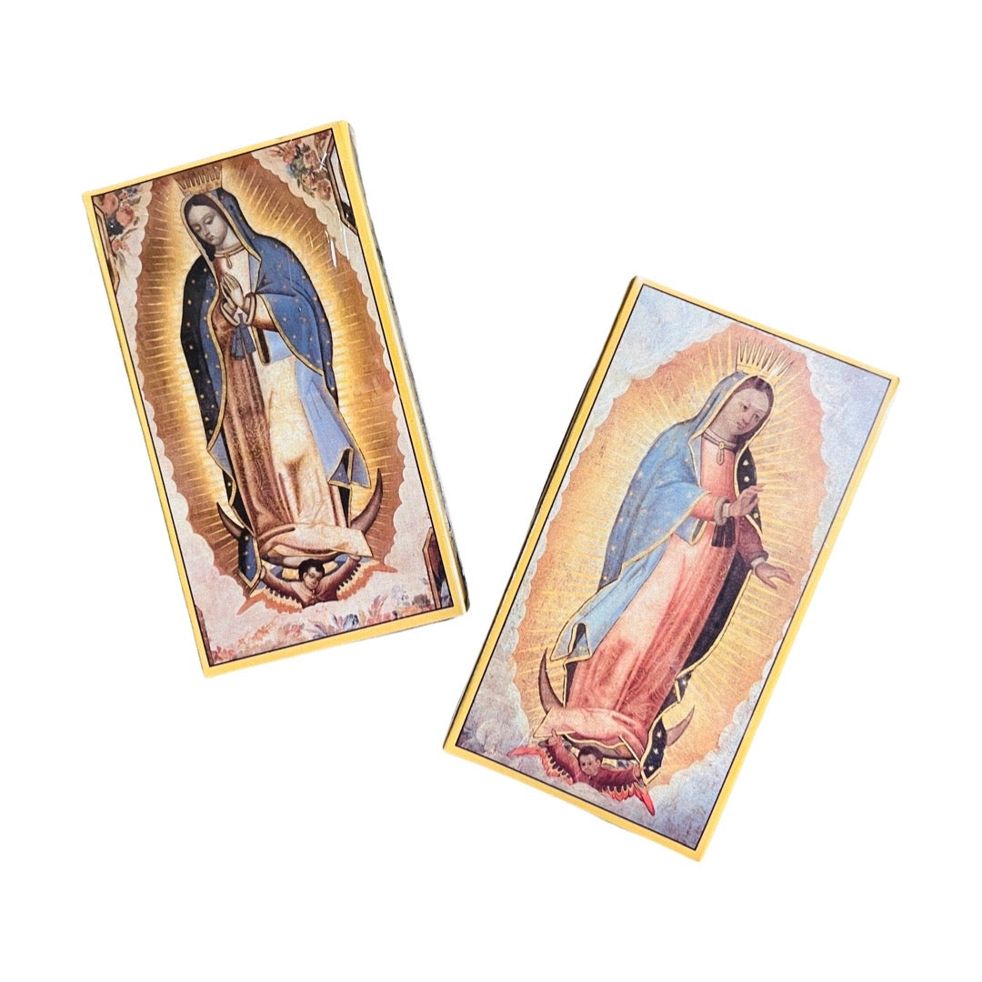 Matchboxes with images of the Virgen de Guadalupe.