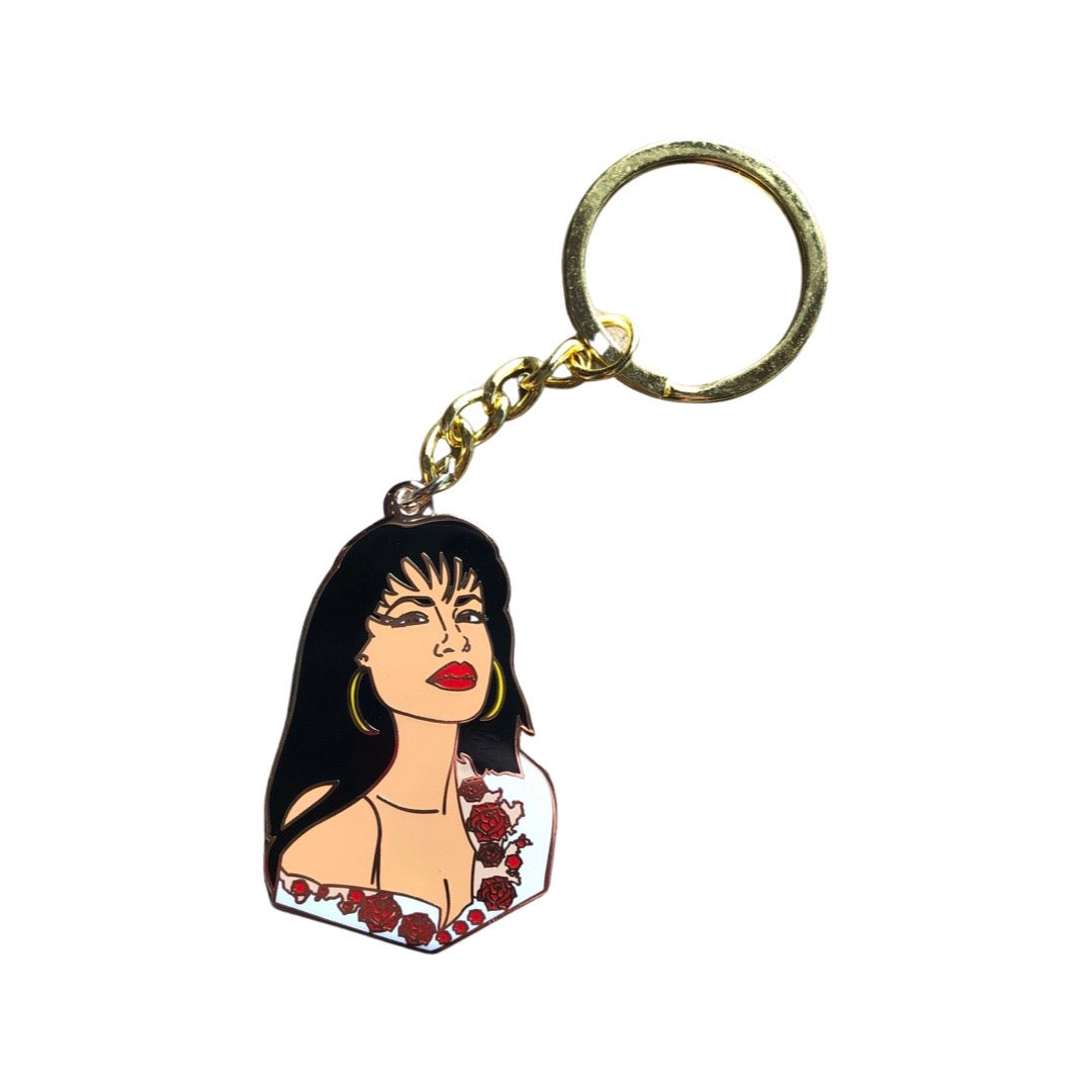 La Reina (Selena Quintanilla) enamel keychain with gold metal keyring.