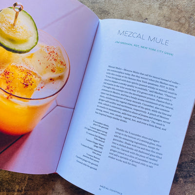 Top view of recipe inside Mezcal & Tequila recipe book. Right side features photo of a mezcal mule cocktail with a slice cucumber as a garnish. Right side of book features recipe for mezcal mule in black lettering. 