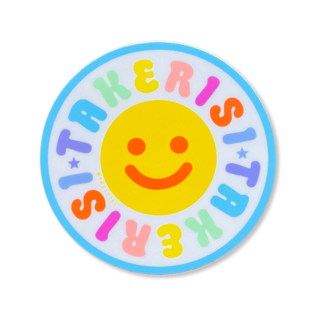 Circular Takerisi sticker with smiling face. 