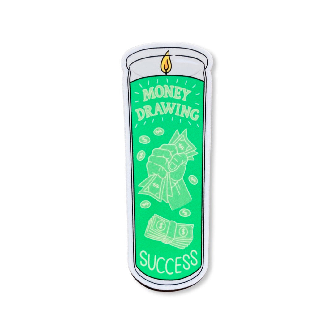 Money Drawing/Success green candle sticker. Design features dollar bills and coins.