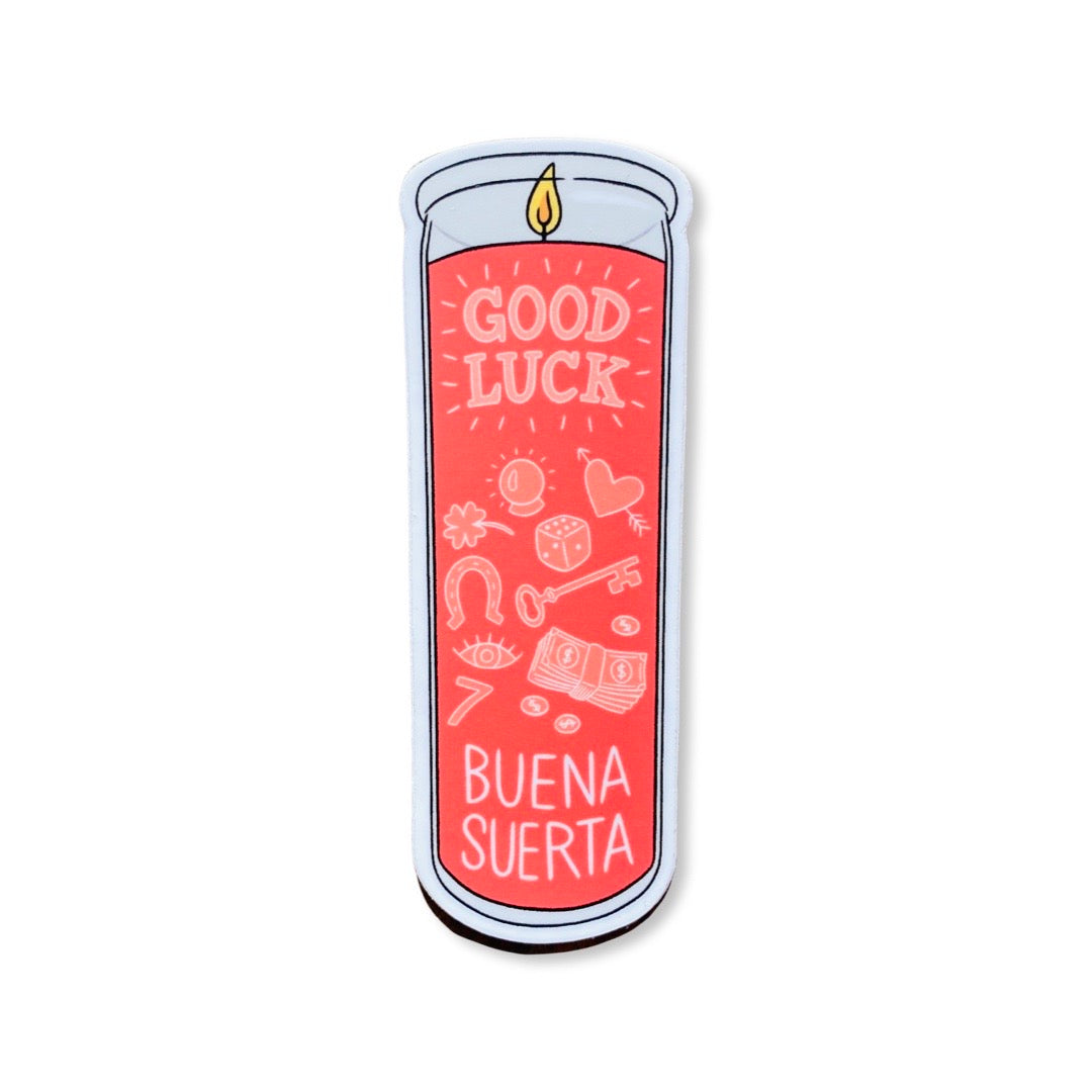 Red Good Luck/Buena Suerta candle sticker. 
