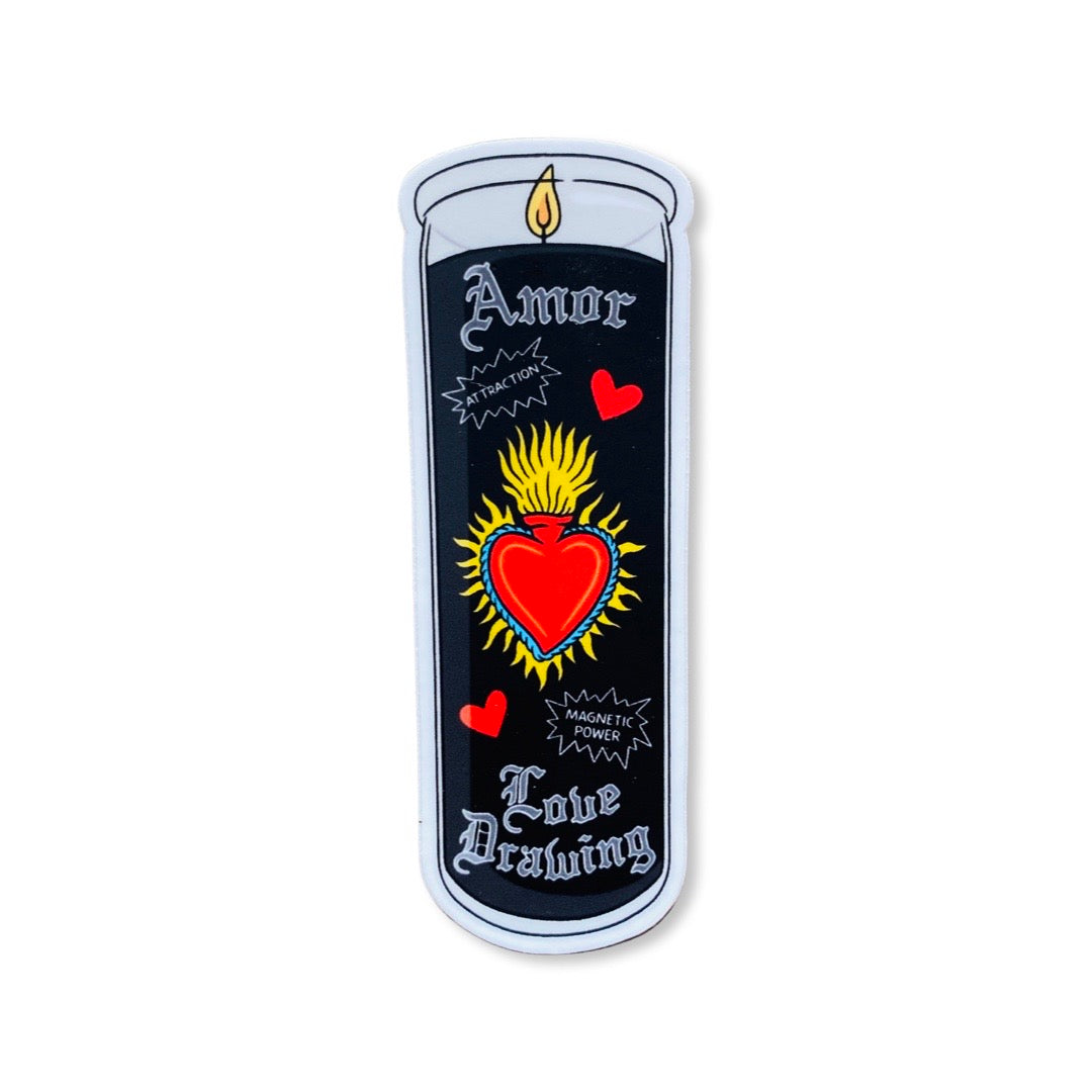 Amor/Love Drawing black candle sticker. Design features sacred heart.