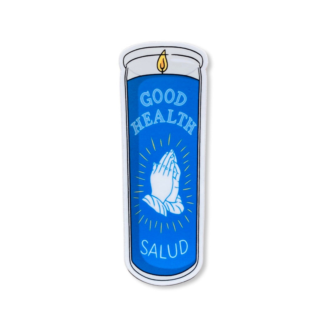 Good Health/Salud blue candle sticker. Design features prayer hands.