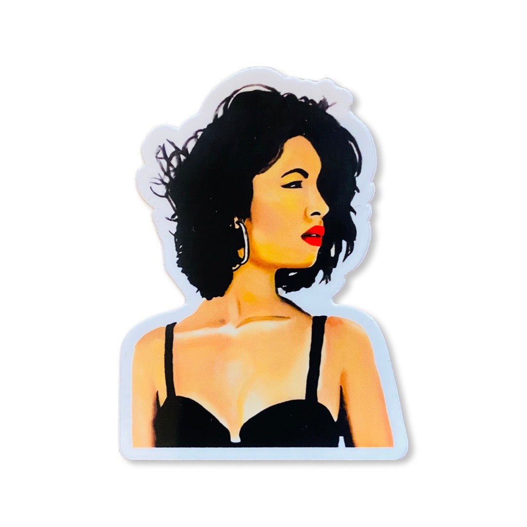 Tejana Reina (Selena Quintanilla) sticker. Illustration shows Selena with short hair, hoops, and bustier top.